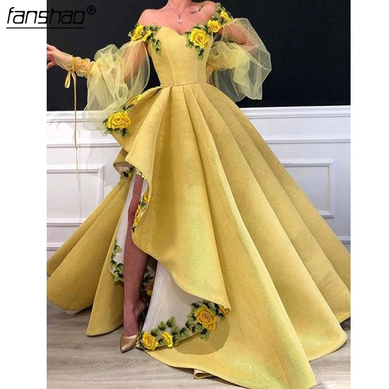 

Formal Yellow Muslim Evening Dresses 2019 Off the Shoulder A-line High Slit Lace Dubai Saudi Arabic Long Evening Gown Prom Dress