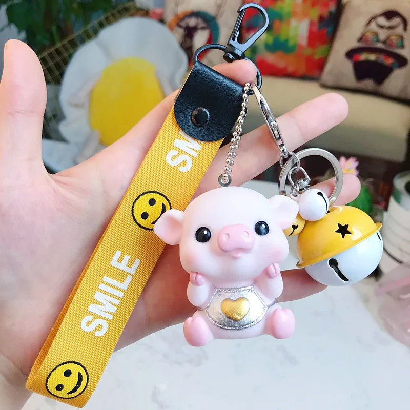 

Cute Pig Key Chain Cartoon Pvc Animal Keychain With Bell Heart Sound Key Chain Llavero pompon keyring Bag Charm Pendant