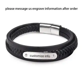 

5pcs /Set Customized Leather Bracelet for Men Personalized Engraving Name Info Stainless Steel Male Jewelry Bangle Best Gift