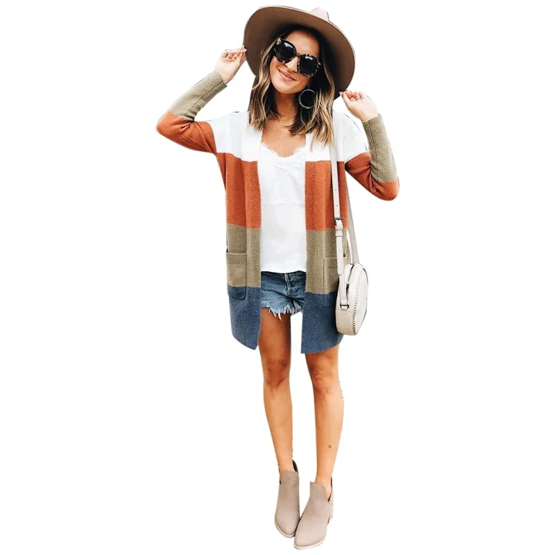 

Cardigan Sweaters for Women Knit Long Sleeve Loose Open Front with Pockets Fashion Knitted Patchwork Sweater Coat