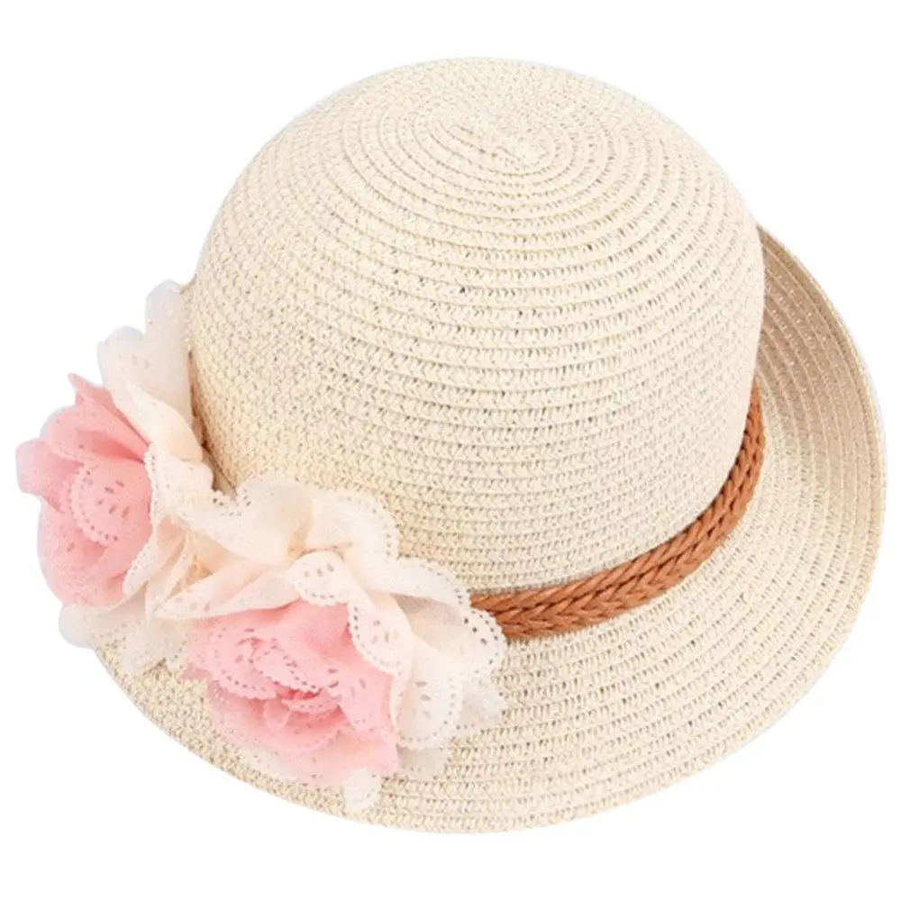 Новая горячая Распродажа для маленьких девочек шляпа с широкими полями фетровая шляпа, соломенная Кепка Солнцезащитная пляжная Летняя женская цветочный Панама - Цвет: Бежевый