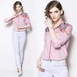 Летняя Высококачественная женская рубашка с отворотами и короткими рукавами, с вышивкой в горошек, с вертикальной полоской, длинная