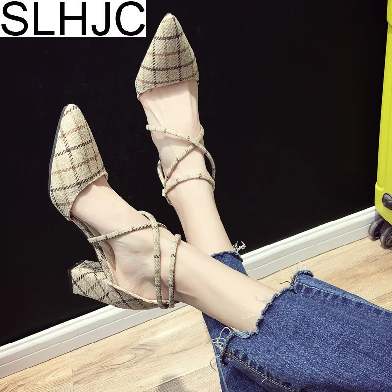 

SLHJC British Style Plaid Shoes High Heel Square Toe Ankle Cross Strapped Spring Summer Shoes Sandals Pumps Women Retro Vintage
