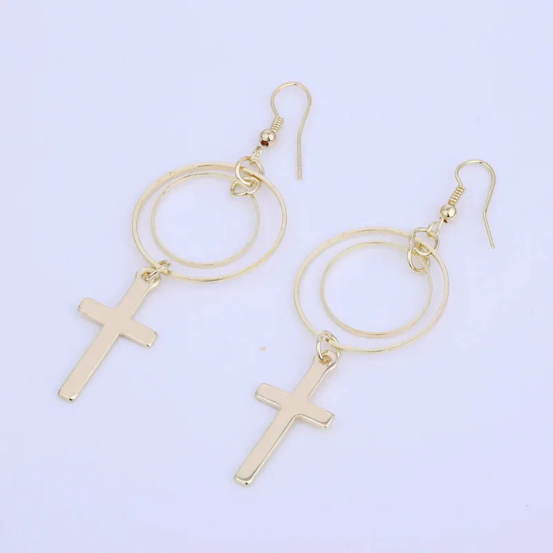 Long Dangle Cross Earrings Gold Color and Silver Plated Metal Women Fashion Jewelry Double Circle Round Hanging Cross Earrings (6)