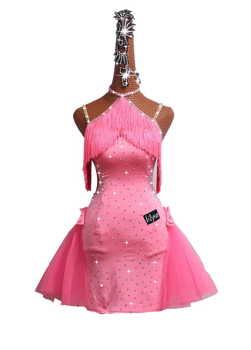 

Kids Dresses For Girls Pink Tassel Professional Competitive Stage Latin Dance Dress High Quality Salsa Tango Latin Top Women