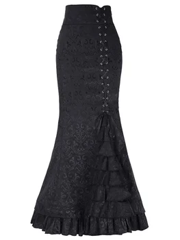

New Women Sexy Gothic Vintage Long Mermaid Maxi Skirt Elegant Floral Print Ruffe Lace Up Long Skirt Bodycon Slim Skirt Women