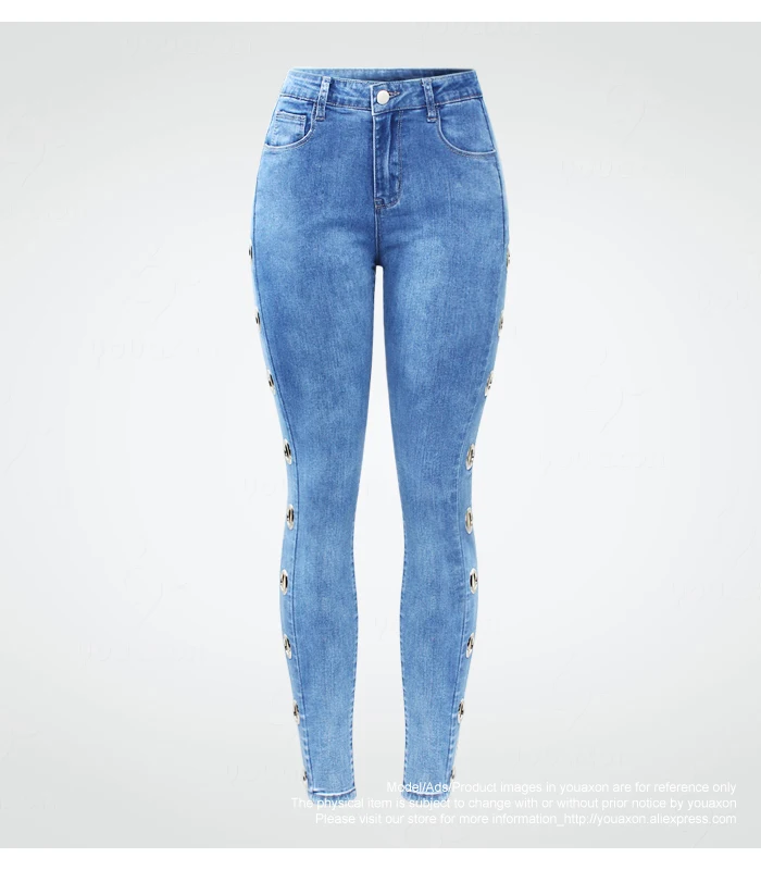 2165 Youaxon новые тянущиеся джинсы с боковыми люверсами шипованные женские большие размеры средняя высокая талия джинсы-скинни трусы для женщин