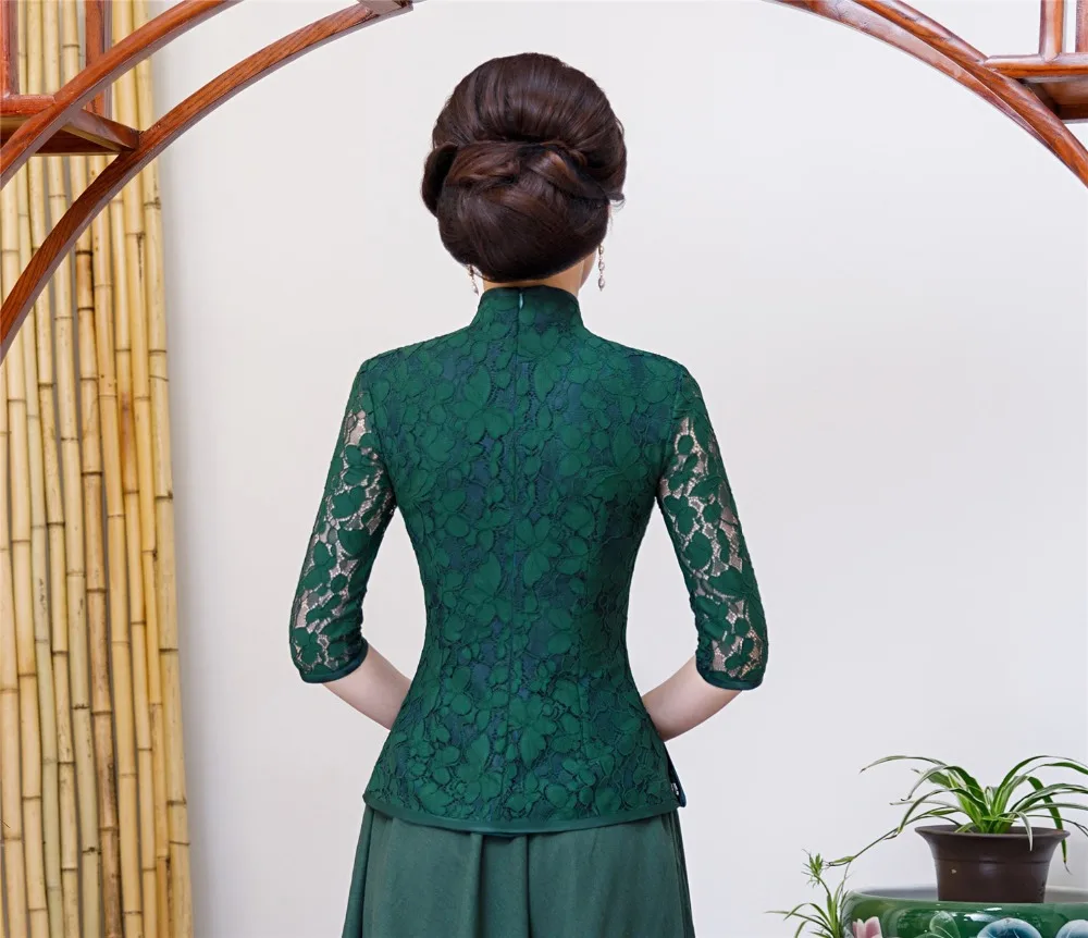 Шанхай история Кружева Cheongsam рубашка Qipao Топ 3/4 рукав китайский традиционный Топ Кружева китайская блузка для женщин