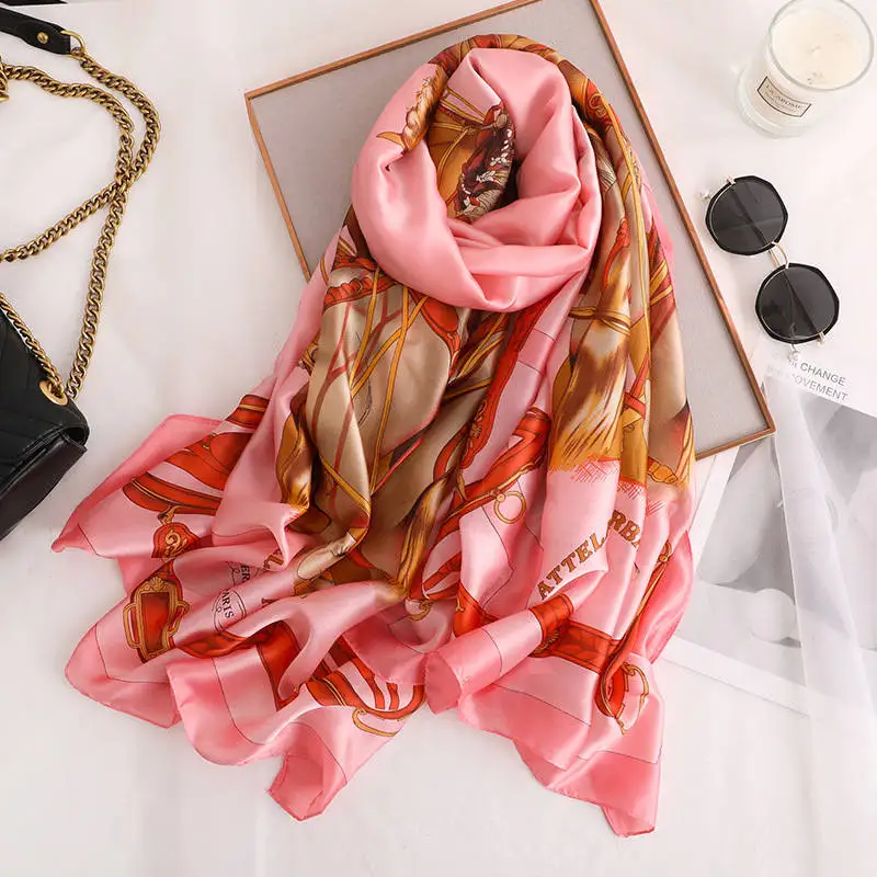 Розовый New Lady Silk Scarf Women Fashion Print Flower Scarf Beach Scarves Women Silk Shawls Retro Wraps and Scarves Hijabs - Цвет: Розовый