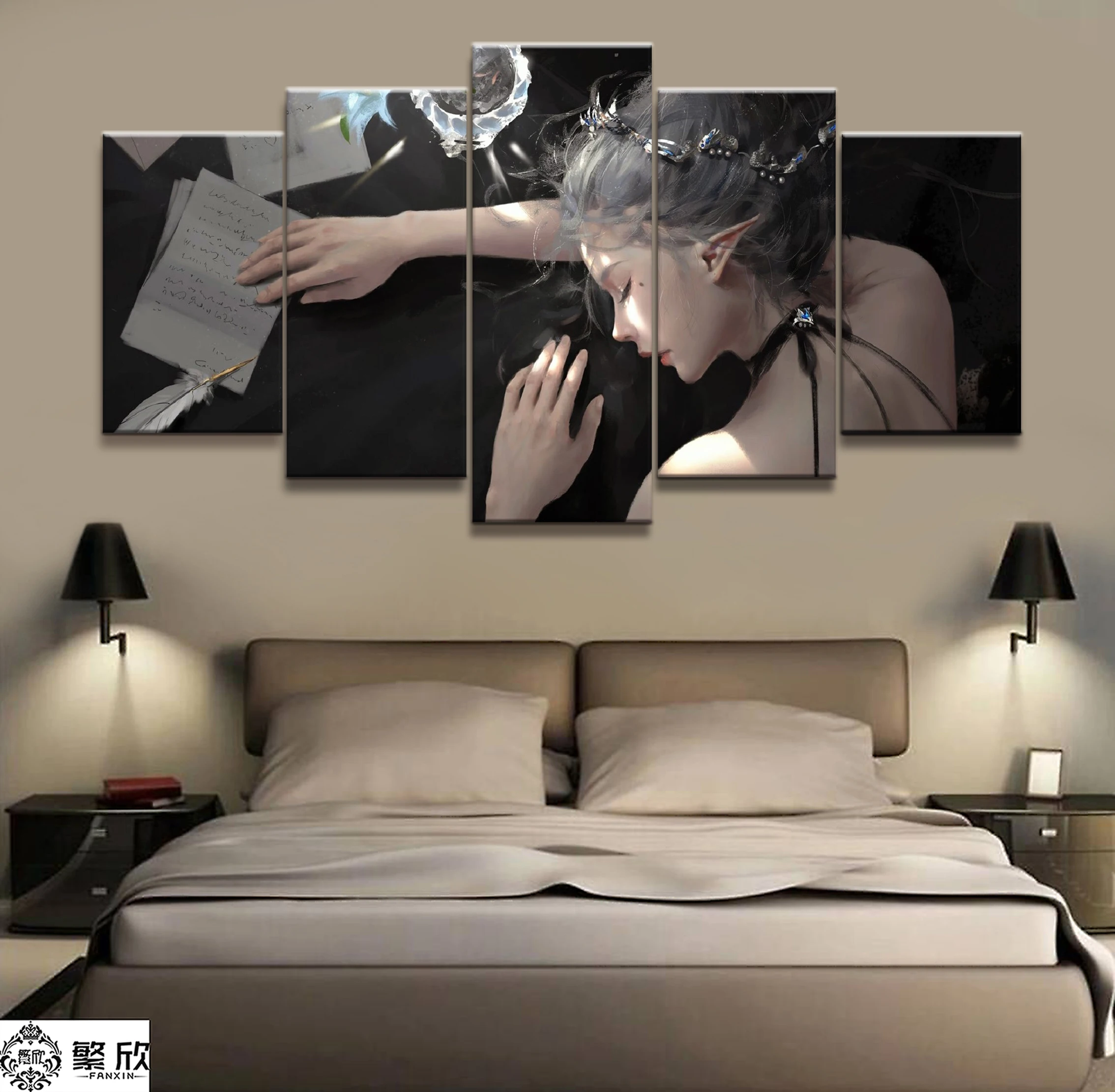 

Home Decor Modular Canvas Picture 5 Piece WLOP Ghost Blade Angel Princess Anime Painting Poster Wall For Home Canvas Wholesale