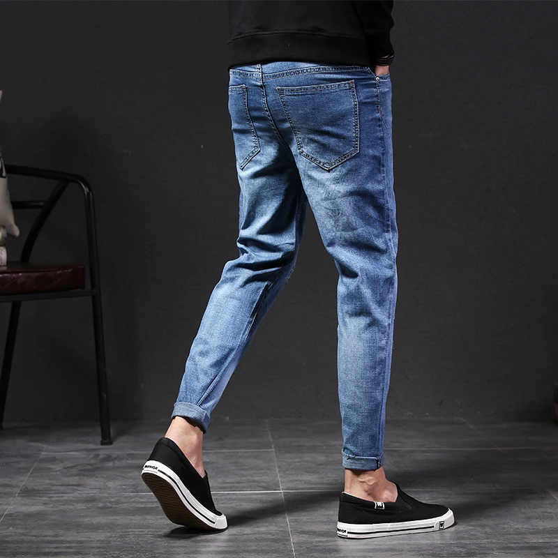 2018 high quality Men's elastic blue jeans men denim Nine pants Slim Regular Straight fit homme Trousers Jean male biker jeans