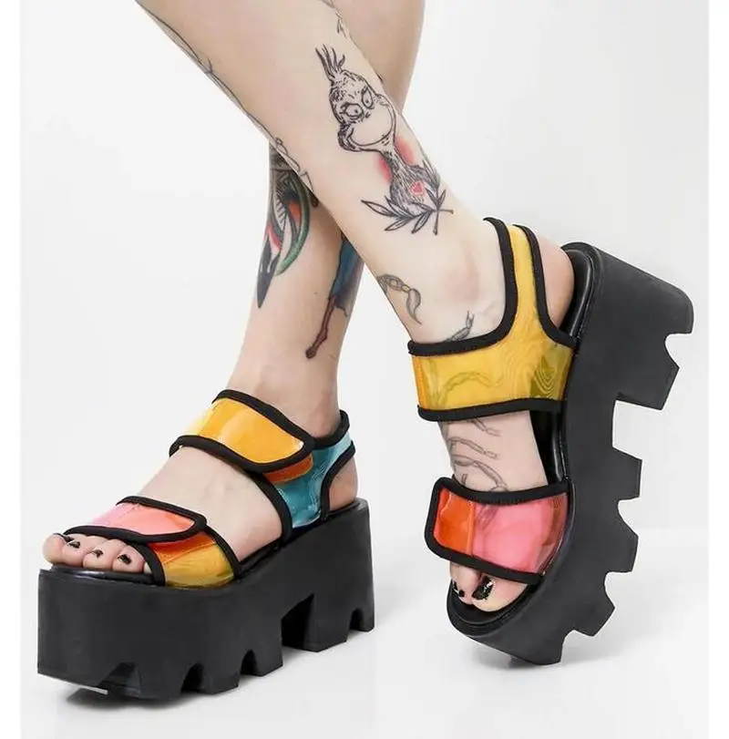 

Womens Open Toe Platform Mixed Color Clear Transparent Belt Sandals Roman Creepers Chunky Heel Shoes Casual Harajuku A598