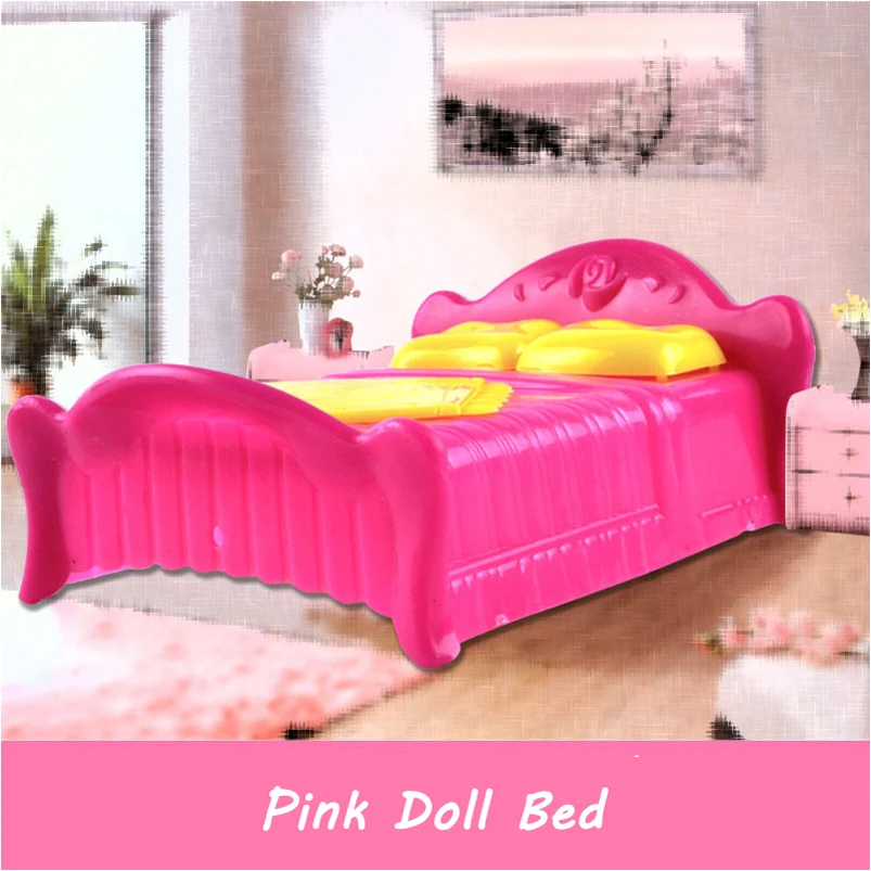 Princess Doll Accessories Pink Bed Doll Furniture Bedroom Bedchamber Double Bed With Pillow Bed Dollhouse Furniture