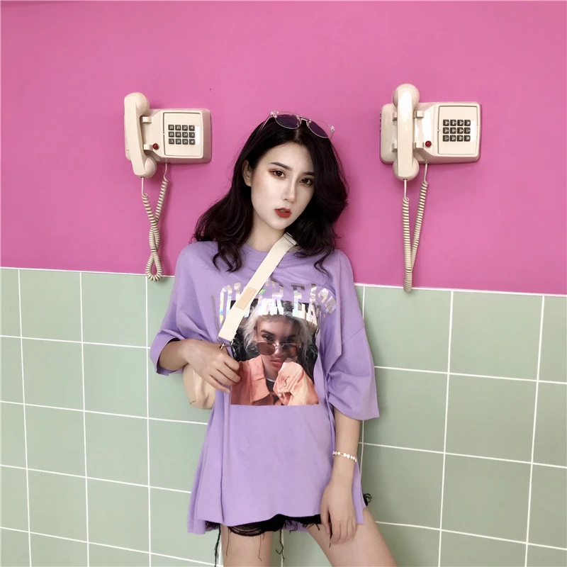 Oversized T Shirt For Women Tops Short Sleeve Loose Cotton T-shirt Female Harajuku Printed Long T-shirts Side Open-cut shirts | Женская