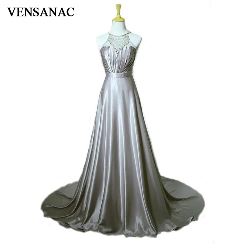 VENSANAC 2018 Luxury Crystal Beading Halter Pleat A Line Long Evening Dresses Party Sash Backless Sweep Train Prom Gowns