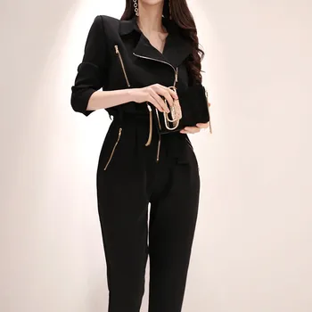 

Notched Neck High Waist Slim Rompers Women 2019 Streetwear Zipper Vintage Jumpsuits Solid Korean Sashes Work Playsuits