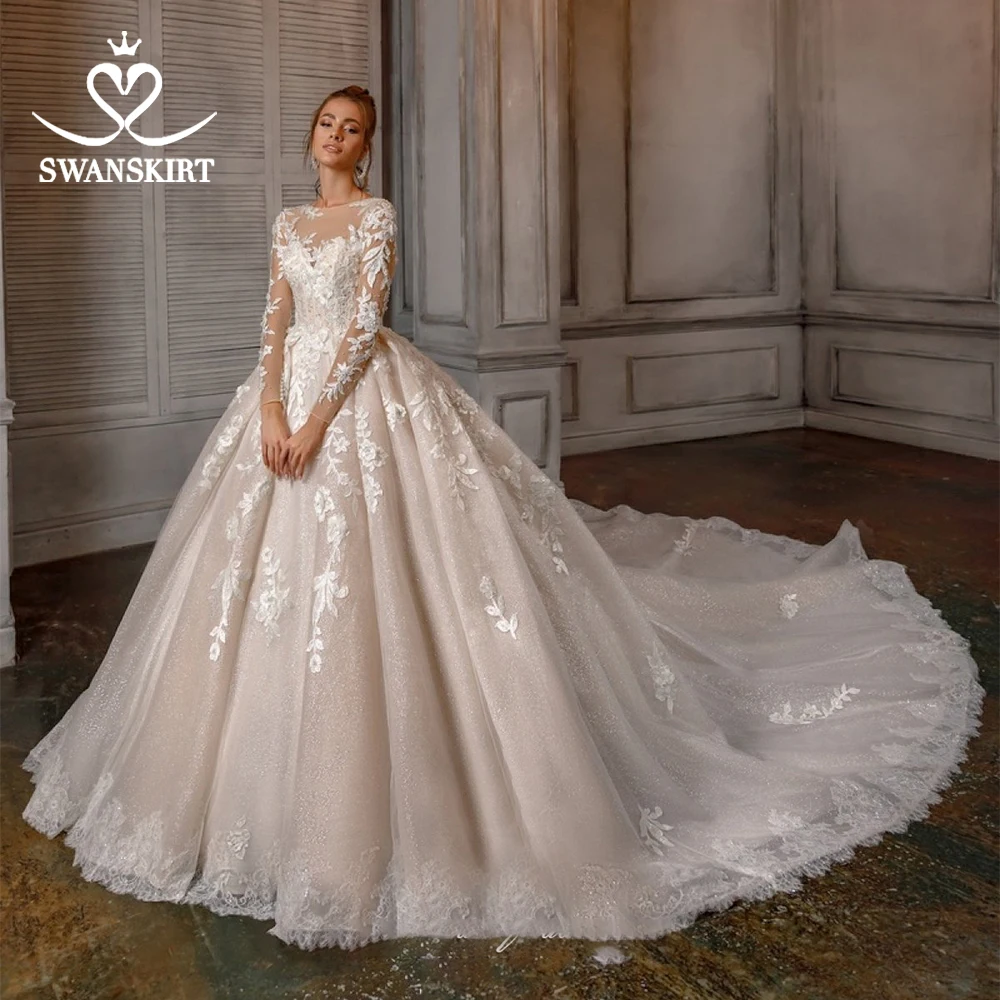 Роскошное бальное платье Swanskirt с бусинами, свадебное платье, с аппликацией, с длинным рукавом, с часовым шлейфом, свадебное платье, Vestido De Noiva N121