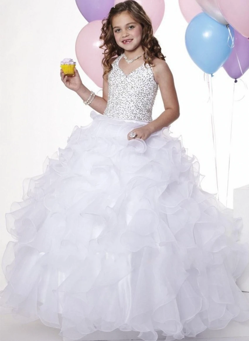 Blanc Robes De Bal Flowergirls Glitz Filles Pageant Robes De