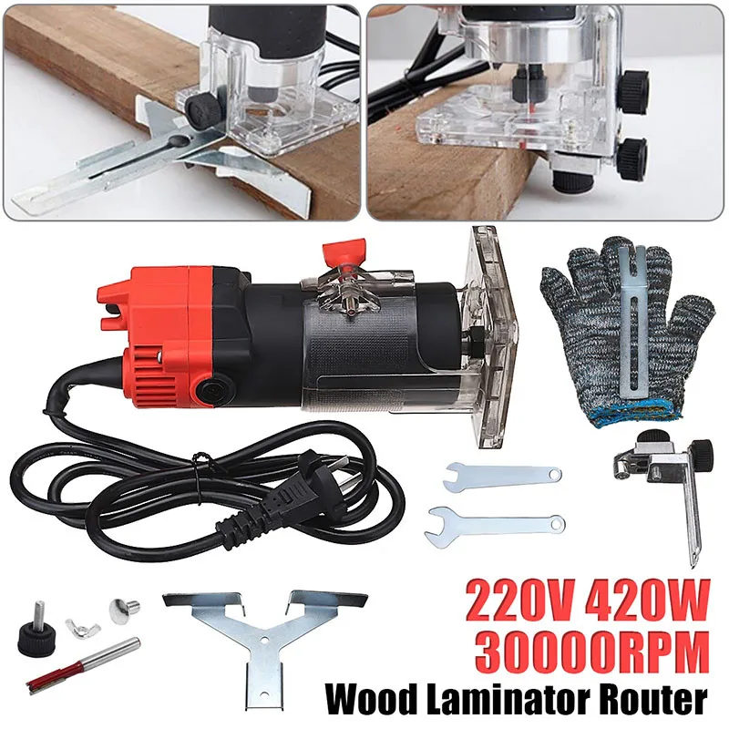 

Wood Electric Hand Trimmer 220V 420W 30000r/min Collet US Plug Corded Wood Laminator Router Joiners Aluminum + Wrench Gloves