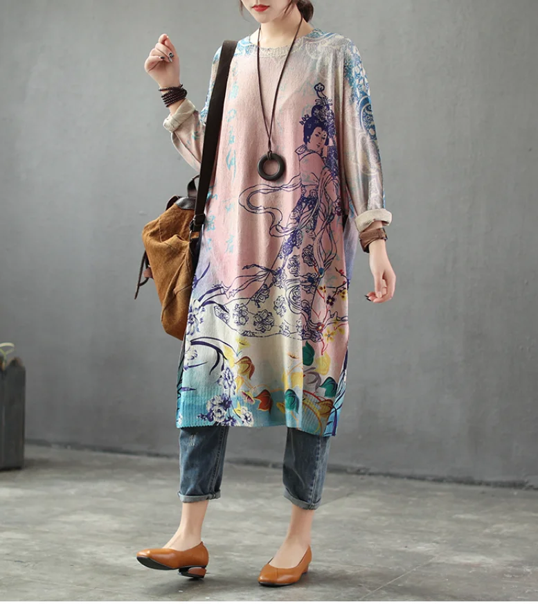 

Spring Dress Women Loose Retro Knitting Casual Dress 2019 Ladies New O-Neck Print Pattern Vintage Dress Mori girl