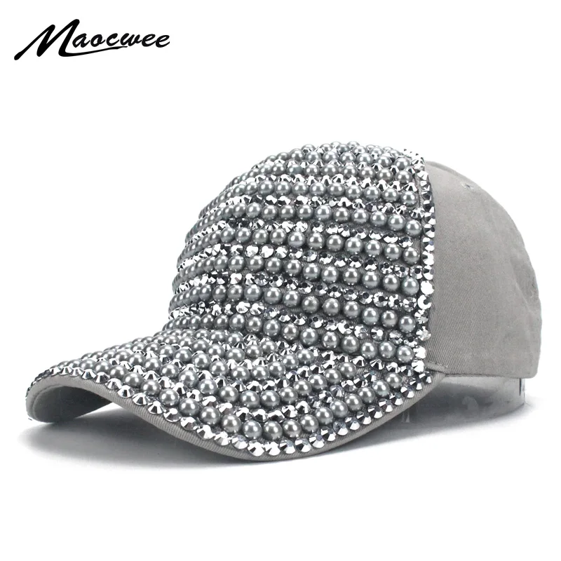 

Pearl Rhinestone Fashion Baseball Cap Brim Woman Snapback Hats Hip Hop Women 2018 Luxury Casquette Cotton Gray Baseball hat Bone