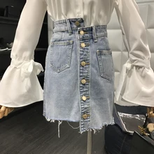 Большой размер, S-5XL, Женская Весенняя, летняя, светильник, синяя джинсовая юбка, Ретро стиль, асимметричная, однобортная, высокая талия, джинсовая юбка