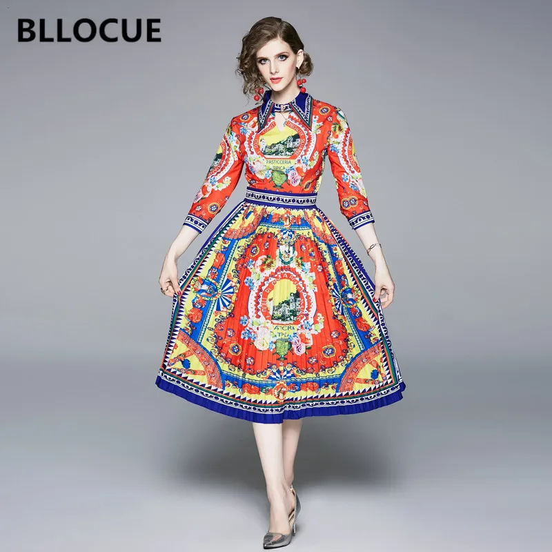 

BLLOCUE High Quality 2019 Autumn Luxury Runway Pleated Dress Women's Turn-Down Collar Flower Print Boho Beach Dresses