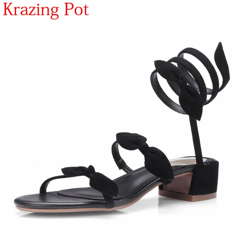 

2018 New Arrival Kid Suede Genuine Leather Butterfly-knot Gladiator Office Lady Slip on Square Heel Sandals Summer Shoes L9f2