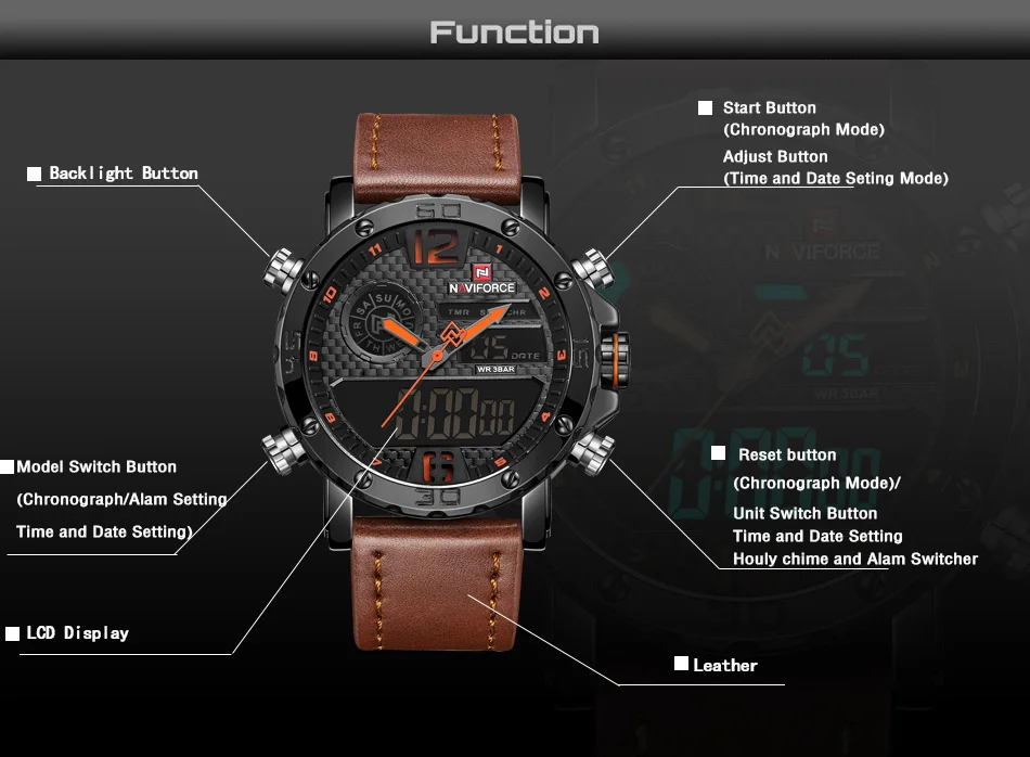 Мужские часы от роскошного бренда, мужские кожаные спортивные часы NAVIFORCE, кварцевые светодиодный цифровые часы, водонепроницаемые военные наручные часы 9134