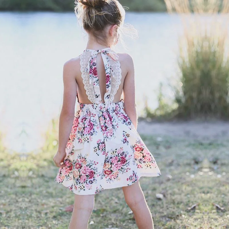 Платье с цветочным принтом для девочек детское кружевное платье с цветочным принтом детская одежда модное летнее платье с открытой спиной одежда для малышей