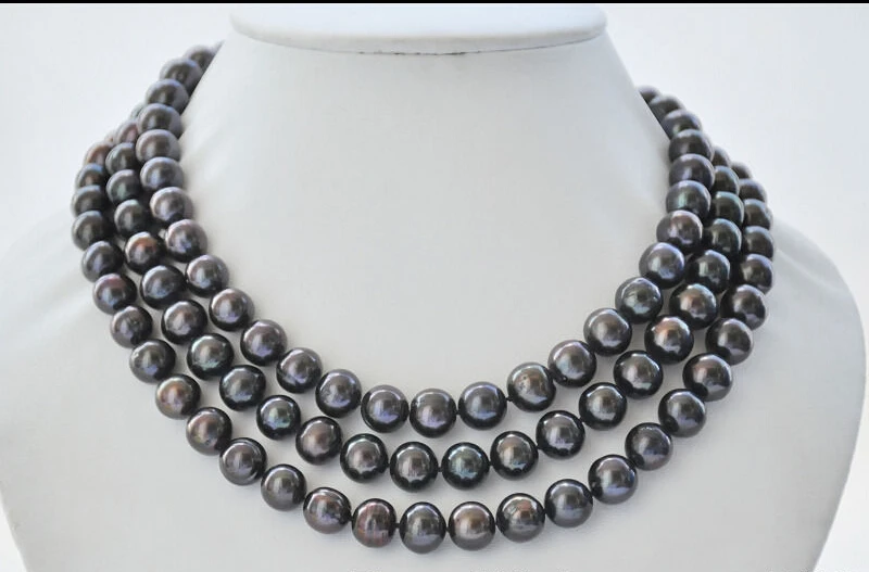 

z6982 11mm ROUND BLACK Freshwater cultured PEARL NECKLACE 925SS 50inch