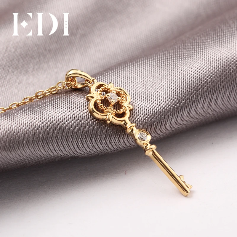 EDI Classic Clover Gold Diamond Key Pendant 9K Solid Rose Gold Real Natural Diamond Pendant Necklace Match 16' Silver Necklace