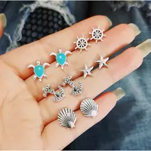 Summer Beach New Shell Anchor Cruise Ship Turtle Starfish Stud Earrings Set Hot Women Fashion 5 Pair Earrings Set For Summer Summer Beach New Shell Anchor Cruise Ship Turtle Starfish Stud Earrings Set Hot Women Fashion 5 Pair Earrings Set For Summer