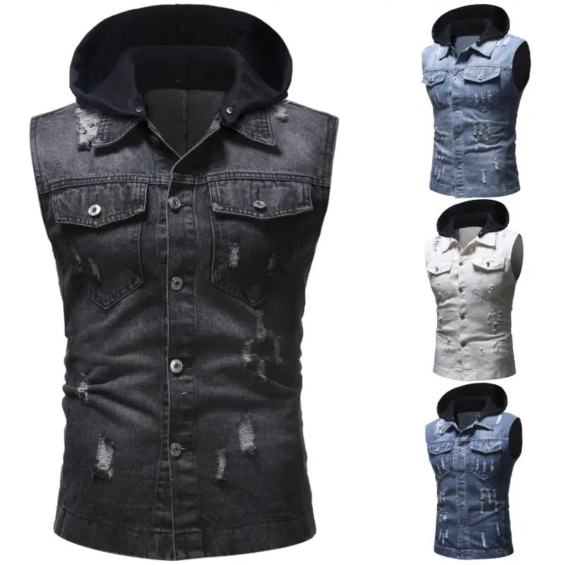 

Spring Autumn 2019 Vintage Hooded Classic Design Casual Denim Vest Men Blue