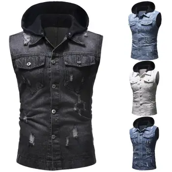 

Spring Autumn 2019 Vintage Hooded Classic Design Casual Denim Vest Men Blue