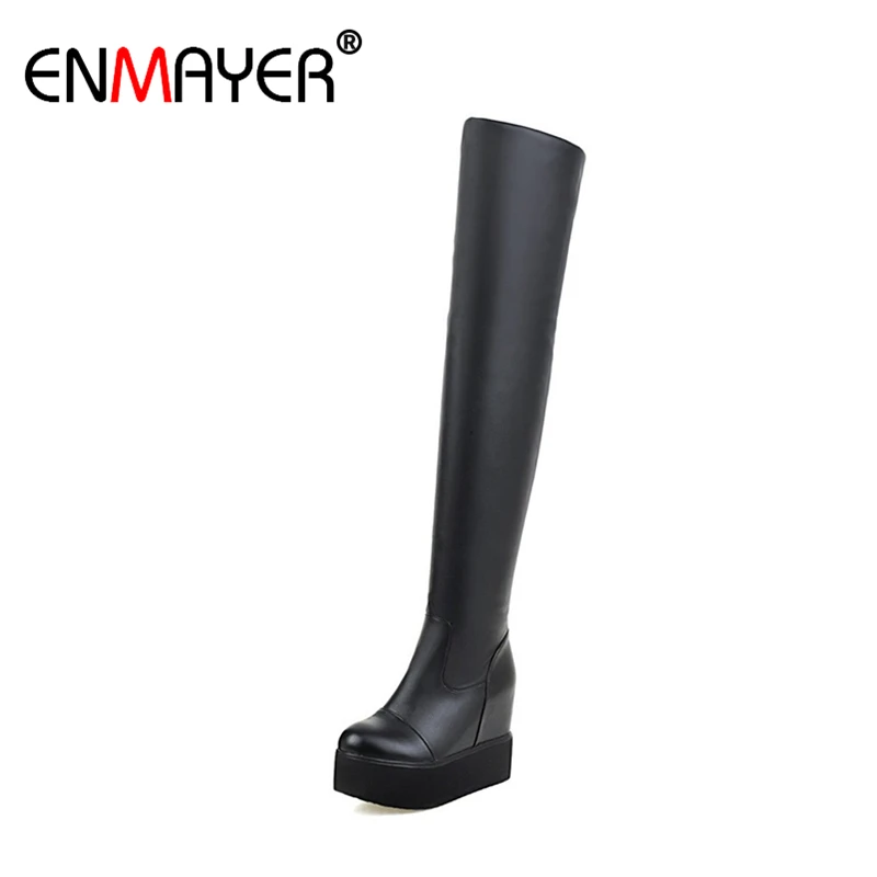 

ENMAYER Autumn Winter Wedges Platform Boots Women Slip-On Tight Boots Sexy High Heel Thigh High Boots Black White Pink Shoes