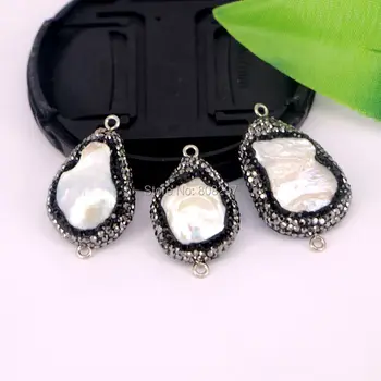 

New 6Pcs Freshwater Pearl with Crystal rhinestone Paved Connector Beads, Beads Jewelry Findings,Metal in Back
