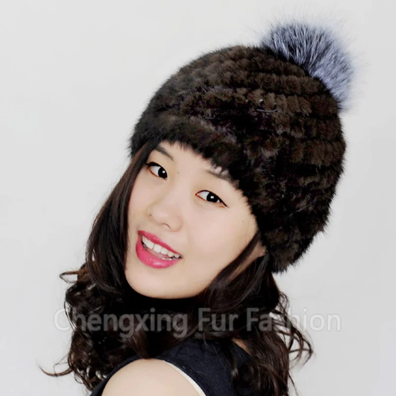 

FREE SHIPPING CX-C-206B Natural Color Silver Fox Fur Pom Pom Real Knitted Mink Fur Hat