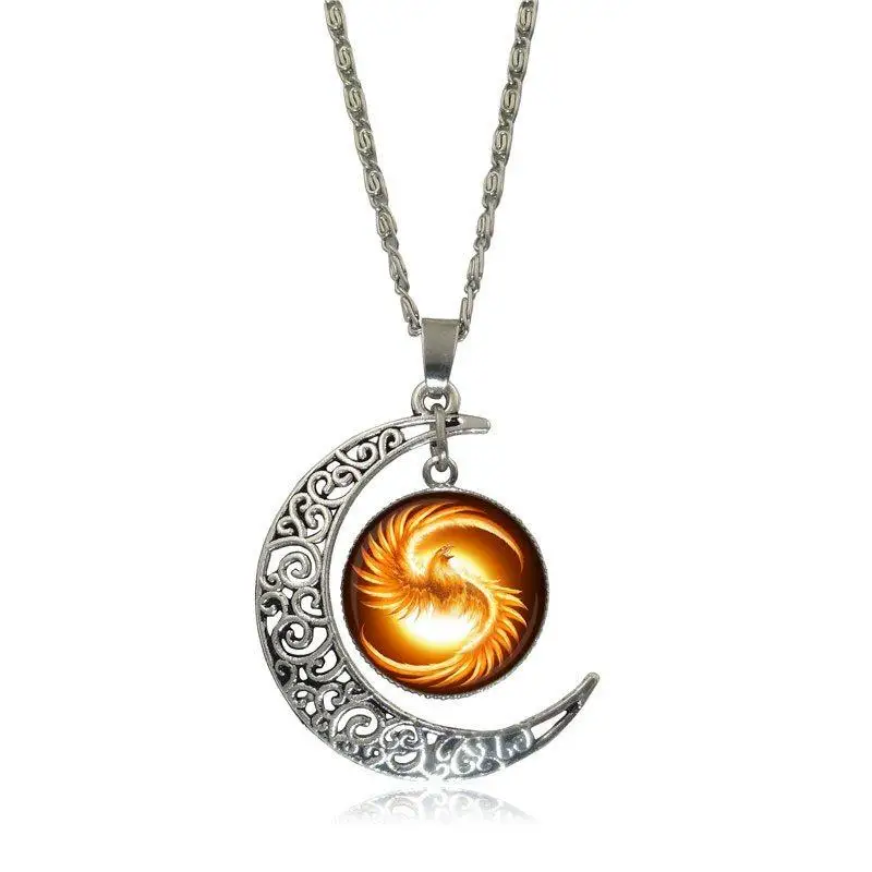 

EJ Glaze For Women Wedding Phoenix Silver Color Glass Cabochon With Hollow Out Moon Shaped Pendant Choker Necklace