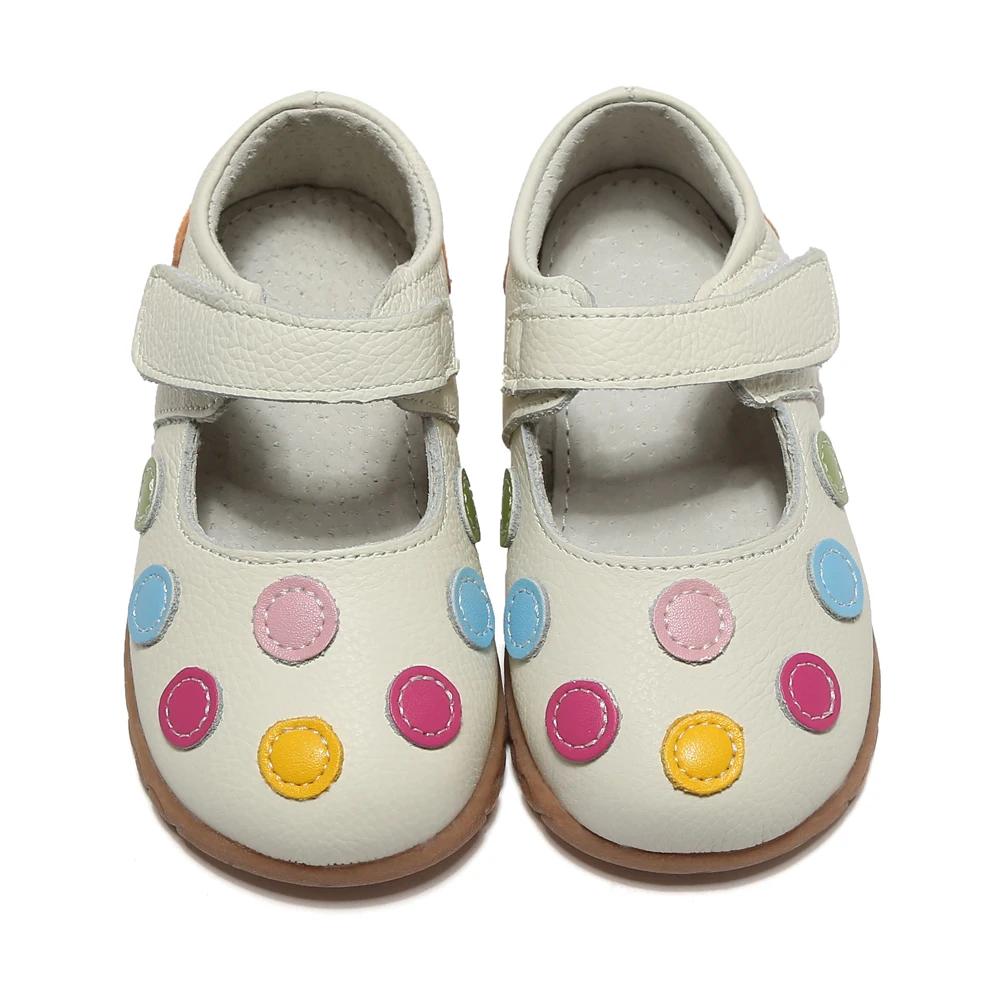 Кожаная обувь мягкая детская белая Мэри Джейн с разноцветным узором в горошек Классическая для маленьких девочек