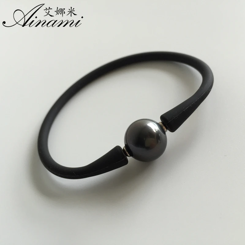 [Ainami] Best Gift For Husband Man Bangle Men Bracelet 10-11mm Black Tahitian Pearl Bracelet for Father's Day Gift Free shipping