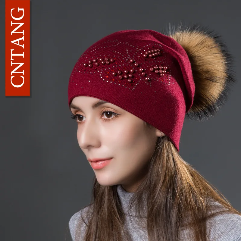 

CNTANG 2018 Fashion Pearl Butterfly Women Hats Knitted Wool Beanies Autumn Winter Warm Caps With Natural Fur Pom Pom Ladies Hat