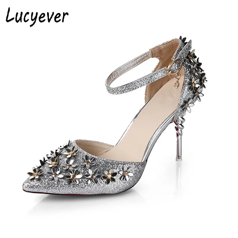 

Lucyever Elegant Flower Women Pumps Fashion Pointed Toe Thin Heel Sandals Summer Metal Buckle Strap Wedding Party Shoes Woman