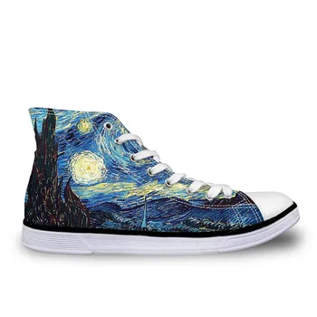 

Customized Classic Women Vulcanized Shoes Fashion Hand Paint Art Design Starry Night High Top Canvas Shoes Female Galaxy Flats