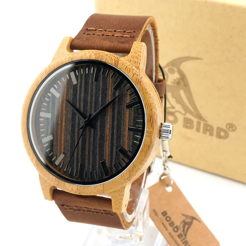 BOBO BIRD V-H08 Mens Handmade Bamboo Watches Wooden Dial Leather Strap Quartz Wristwatch in Gift Box Relojes Hombre V-H08