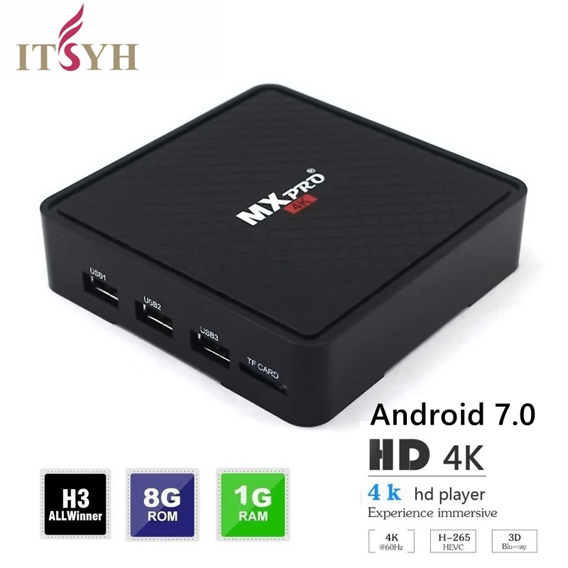 

Android TV Box Smart TV BOX 4K HD Quad Core Android 7.0 1G/8G Allwinner_H3 Cortex-A7 Supports H.265 Wifi Box TV JD-002 ITSYH