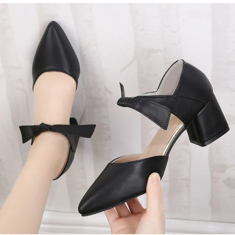 

New Women Pumps Shoes Concise Summer PU Leather Pointed Toe Slip-On Shallow 5cm Thick High Heels Lady Casual Solid Female Shoes