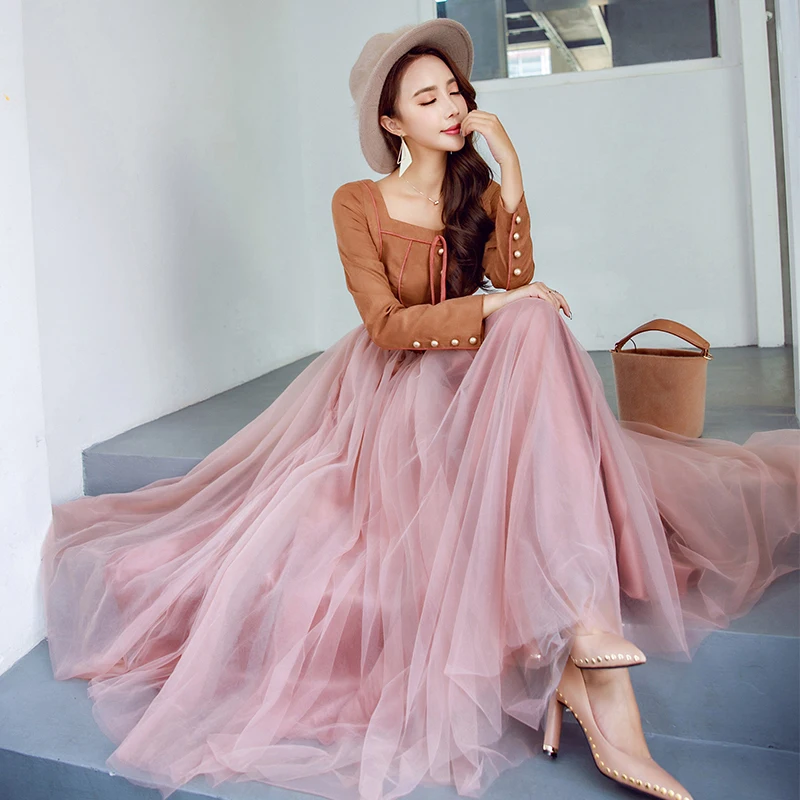 

2018 New Spring Fashion Long Sleeve Women Dress Elegant Gauze Patchwork Suede Dress Vintage Ultra Long Basic Female Dresses