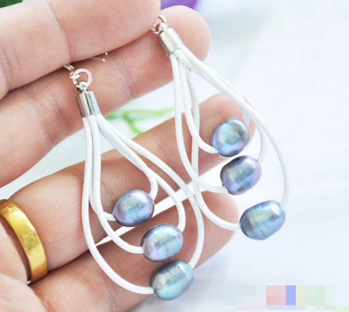 

hot sell new - -hot 00090 3row black rice freshwater pearl white leather cord dangle EARRING