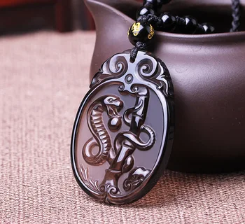 

The new light spot new ice Obsidian twelve carved Zodiac snake snake Pendant with Kyrgyzstan peach year of fate
